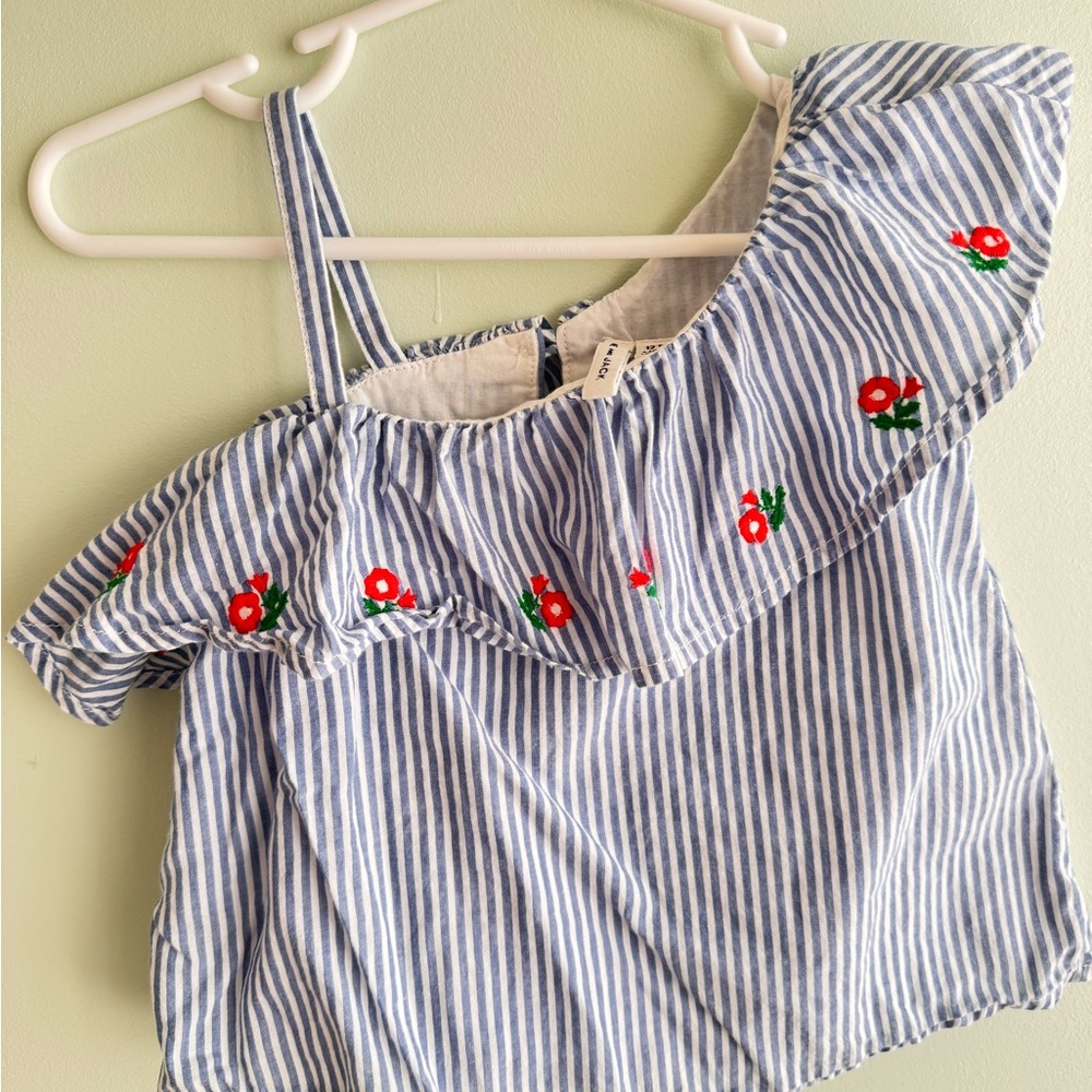 Janie and Jack Blue Striped Top with Red Floral Embroidery
